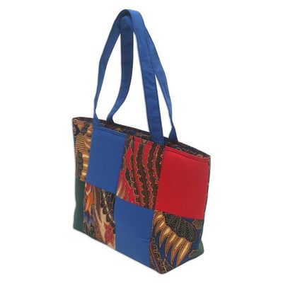 Alternate image for Blue Cotton Handbag with Batik Motifs and Zipper Closure Blue Puzzle