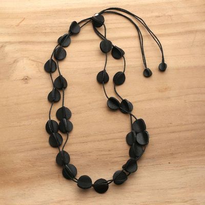 Alternate image for Black Leather Long Station Necklace with Disc Accents Night Glam