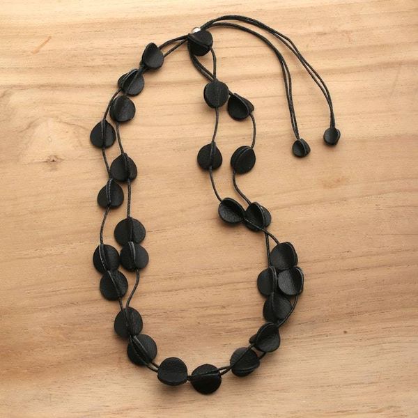 Alternate image for Black Leather Long Station Necklace with Disc Accents Night Glam