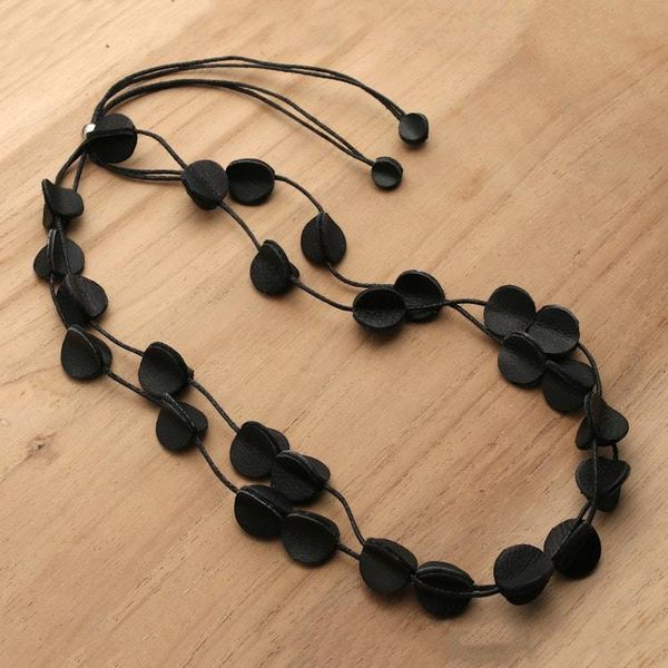 Alternate image for Black Leather Long Station Necklace with Disc Accents Night Glam