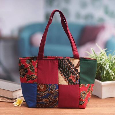 Primary image for Red Cotton Handbag with Batik Motifs and Zipper Closure Red Puzzle