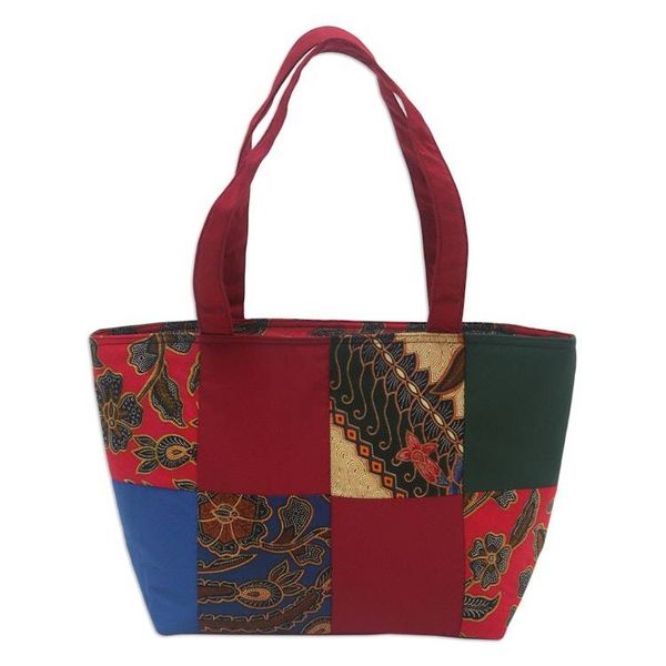 Alternate image for Red Cotton Handbag with Batik Motifs and Zipper Closure Red Puzzle