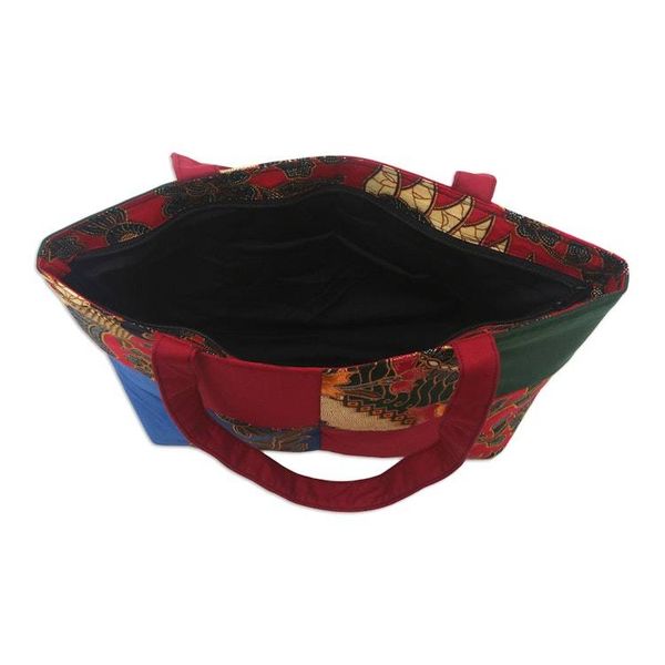 Alternate image for Red Cotton Handbag with Batik Motifs and Zipper Closure Red Puzzle