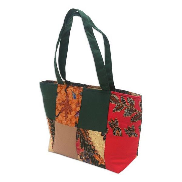 Alternate image for Green Cotton Handbag with Batik Motifs and Zipper Closure Green Puzzle
