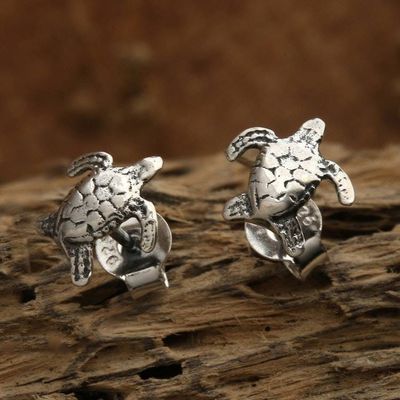 Primary image for Sea Turtle-Shaped Sterling Silver Stud Earrings Made in Bali Swimming Turtle