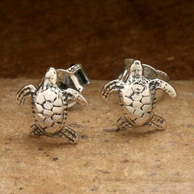 Alternate image for Sea Turtle-Shaped Sterling Silver Stud Earrings Made in Bali Swimming Turtle