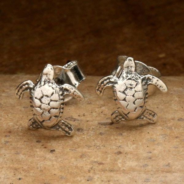 Alternate image for Sea Turtle-Shaped Sterling Silver Stud Earrings Made in Bali Swimming Turtle