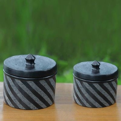 Primary image for Black Ceramic Jars Crafted by Hand Pair Zebra Swirl