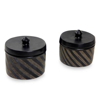 Alternate image for Black Ceramic Jars Crafted by Hand Pair Zebra Swirl