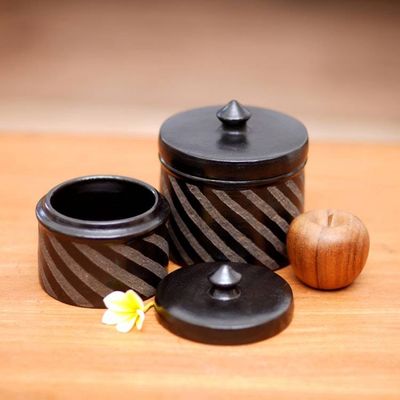 Alternate image for Black Ceramic Jars Crafted by Hand Pair Zebra Swirl
