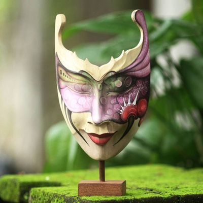 Alternate image for Hand Painted Modern Balinese Mask and Stand Mysterious Woman