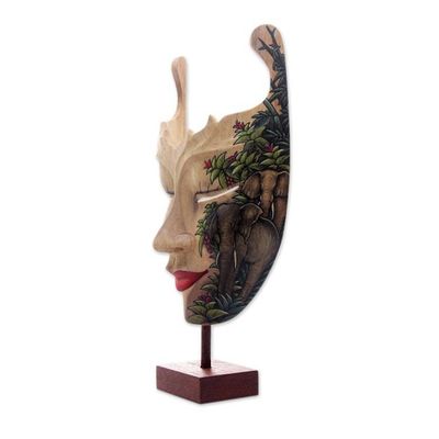 Alternate image for Hand Painted Modern Balinese Mask and Stand Queen of Elephants