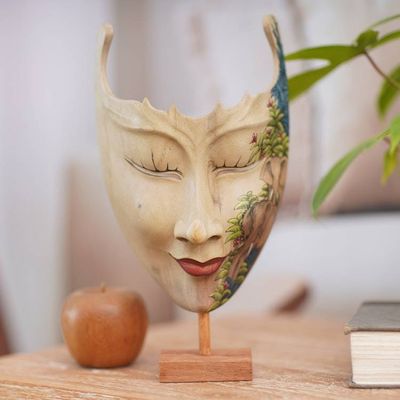 Alternate image for Hand Painted Modern Balinese Mask and Stand Queen of Elephants