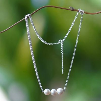 Primary image for Polished Sterling Silver and Cultured Pearl Pendant Necklace Triple Nobility