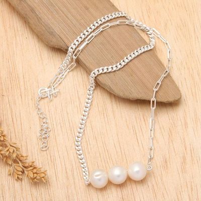 Alternate image for Polished Sterling Silver and Cultured Pearl Pendant Necklace Triple Nobility