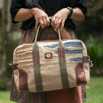 Alternate image for Leather-Accented Green Natural Fiber Shoulder Bag from Java Effortless Chic