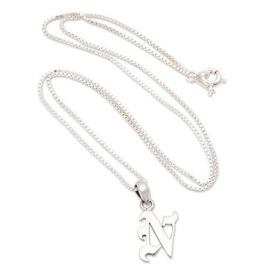 Alternate image for Polished Sterling Silver Letter N Pendant Necklace from Bali Letter N