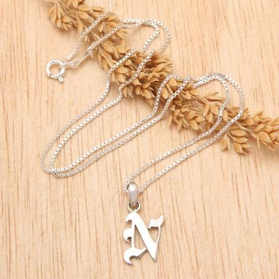 Alternate image for Polished Sterling Silver Letter N Pendant Necklace from Bali Letter N