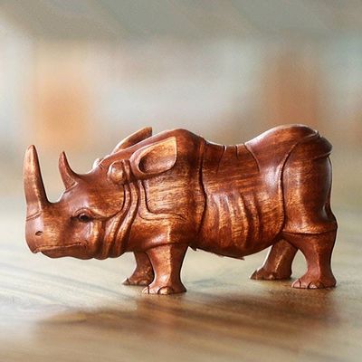 Primary image for Hand Carved Wood Sculpture of a Rhinoceros from Indonesia Java Rhino