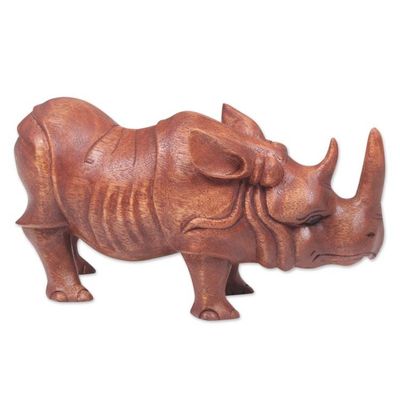 Alternate image for Hand Carved Wood Sculpture of a Rhinoceros from Indonesia Java Rhino