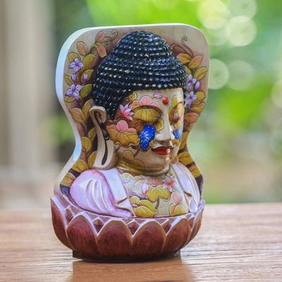 Alternate image for Hand Painted Crocodile Wood Sculpture Buddha at One with Nature
