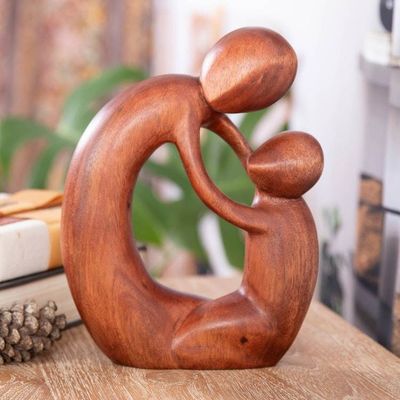 Primary image for Semi-Abstract Brown Suar Wood Sculpture of Father and Child Fatherly Happiness