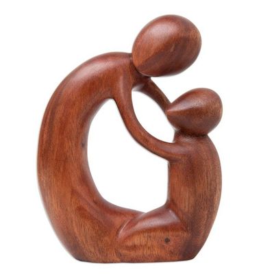 Alternate image for Semi-Abstract Brown Suar Wood Sculpture of Father and Child Fatherly Happiness