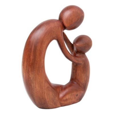 Alternate image for Semi-Abstract Brown Suar Wood Sculpture of Father and Child Fatherly Happiness