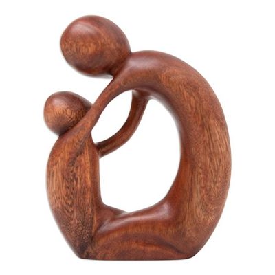 Alternate image for Semi-Abstract Brown Suar Wood Sculpture of Father and Child Fatherly Happiness