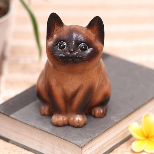 Alternate image for Wood Cat Figurine in Brown and Black Hand-Painted in Bali Hungry Cat