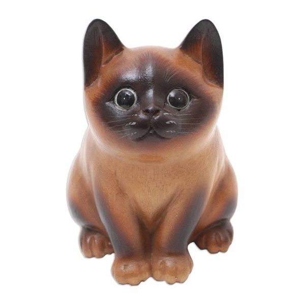 Alternate image for Wood Cat Figurine in Brown and Black Hand-Painted in Bali Hungry Cat