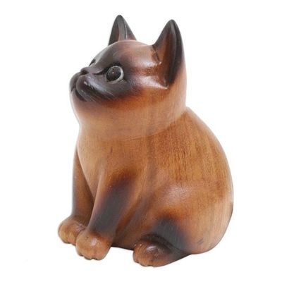 Alternate image for Wood Cat Figurine in Brown and Black Hand-Painted in Bali Hungry Cat
