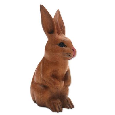 Alternate image for Signed Wood Bunny Sculpture in Brown from Bali Cute Bunny in Brown