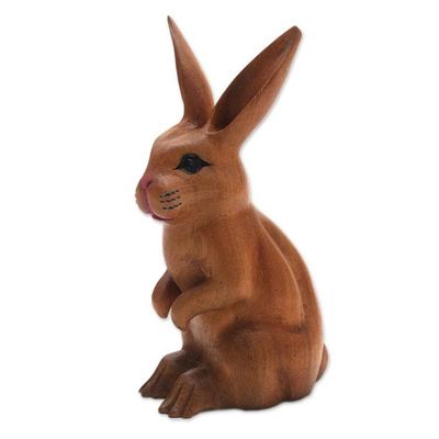 Alternate image for Signed Wood Bunny Sculpture in Brown from Bali Cute Bunny in Brown