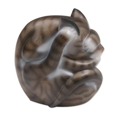 Alternate image for Curled Wood Cat Sculpture in Grey and White from Bali Virtuous Kitty