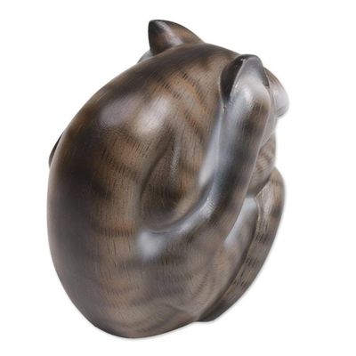 Alternate image for Curled Wood Cat Sculpture in Grey and White from Bali Virtuous Kitty