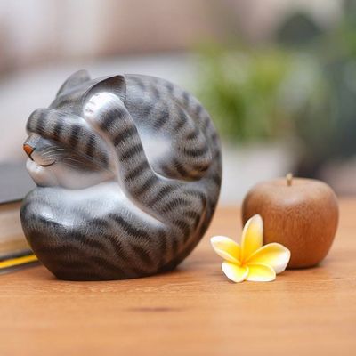 Alternate image for Curled Wood Cat Sculpture in Grey and White from Bali Virtuous Kitty
