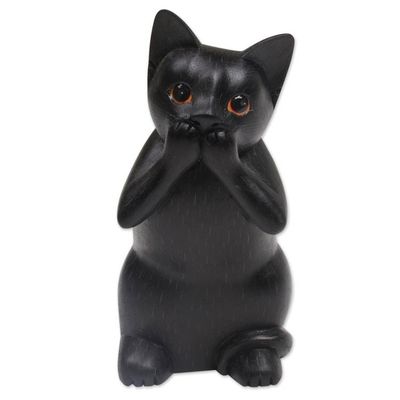 Primary image for Hand-Carved Black Suar Wood Cat Sculpture from Bali Kitty Speaks No Evil