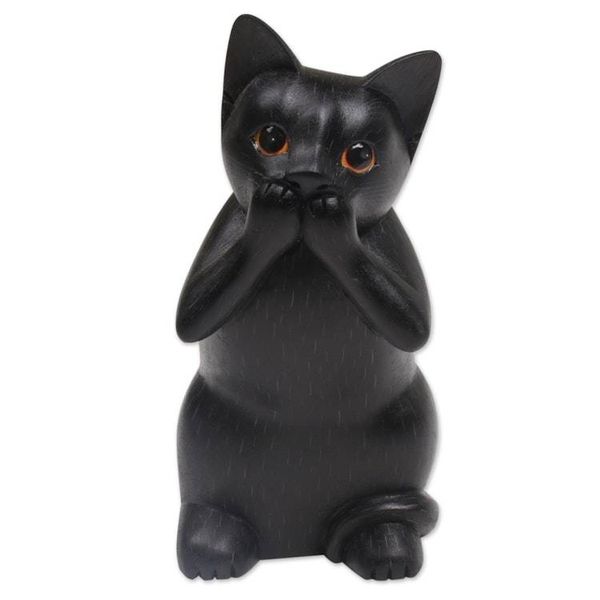Alternate image for Hand-Carved Black Suar Wood Cat Sculpture from Bali Kitty Speaks No Evil