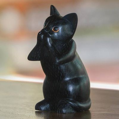 Alternate image for Hand-Carved Black Suar Wood Cat Sculpture from Bali Kitty Speaks No Evil