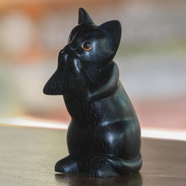 Alternate image for Hand-Carved Black Suar Wood Cat Sculpture from Bali Kitty Speaks No Evil