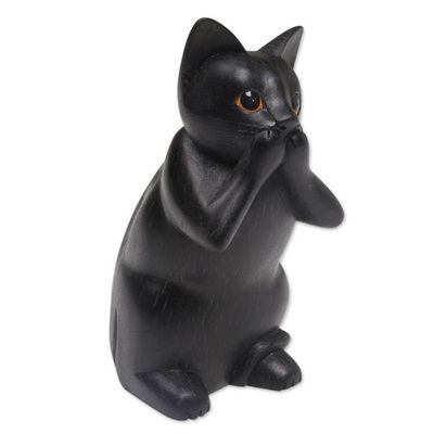 Alternate image for Hand-Carved Black Suar Wood Cat Sculpture from Bali Kitty Speaks No Evil