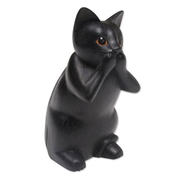 Alternate image for Hand-Carved Black Suar Wood Cat Sculpture from Bali Kitty Speaks No Evil