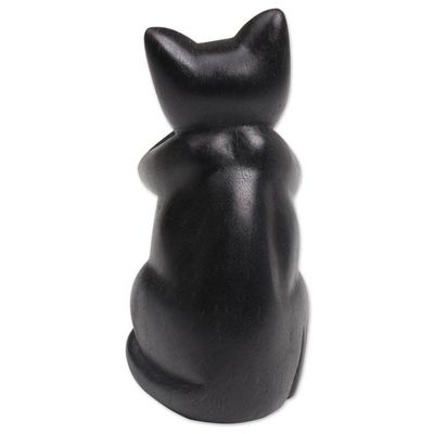Alternate image for Hand-Carved Black Suar Wood Cat Sculpture from Bali Kitty Speaks No Evil