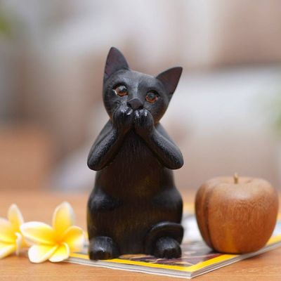 Alternate image for Hand-Carved Black Suar Wood Cat Sculpture from Bali Kitty Speaks No Evil