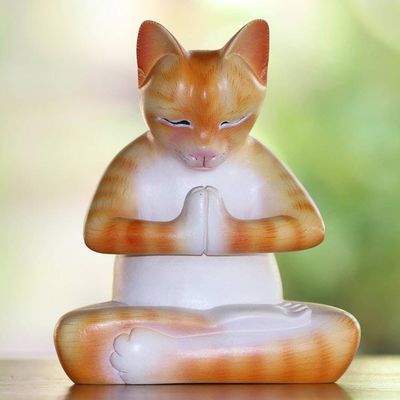 Primary image for Wood Meditating Cat Statuette in Orange and White from Bali Meditating Kitty in Orange