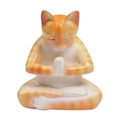 Alternate image for Wood Meditating Cat Statuette in Orange and White from Bali Meditating Kitty in Orange