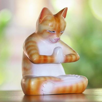 Alternate image for Wood Meditating Cat Statuette in Orange and White from Bali Meditating Kitty in Orange