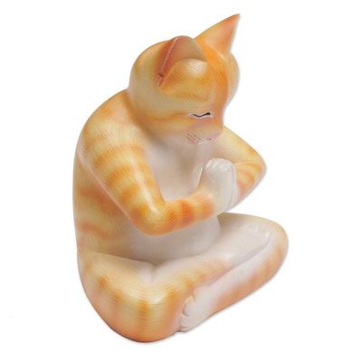 Alternate image for Wood Meditating Cat Statuette in Orange and White from Bali Meditating Kitty in Orange