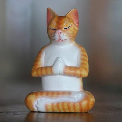 Alternate image for Signed Wood Sculpture of a Meditating Cat in Orange Meditation Cat in Orange